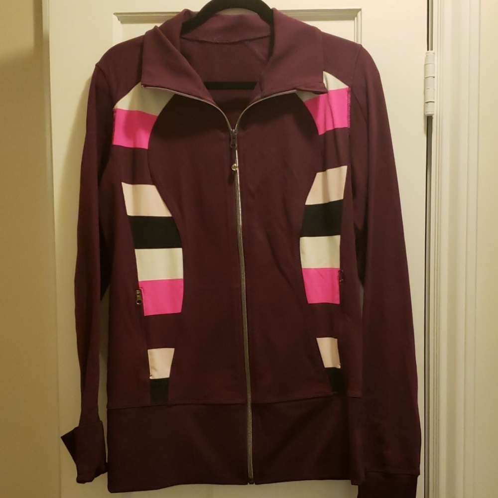 Lululemon in-stride long jacket- burgundy w/ pink & black